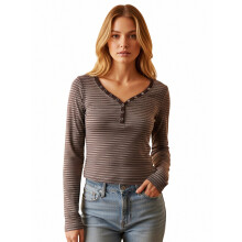 (L, Dark Brown) T-shirt long à manches pour femme, rayé, col V, ajusté, style décontracté, printemps-automne, streetwear