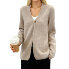 (S, Light Grey) Gilet cardigan en maille pour femme, automne, couleur unie, manches longues, col en V, un bouton