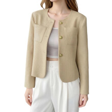 (XL, Khaki) Veste blazer femme en tweed, sans col, manches longues, fermeture boutonnée, poche poitrine.
