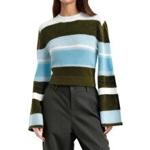 (L, Multi-color) Pull rayé contrasté femme, col rond ajusté, manches longues évasées, idéal pour hiver et automne.