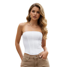 (S, White) Top corsé sin tirantes para mujer, de color liso, con cremallera en la espalda y varillas.