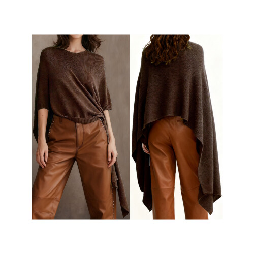 (XL, Dark Brown) Γυναικείο Πουλόβερ Πόντσο Πλεκτό Μπλουζάκι 1