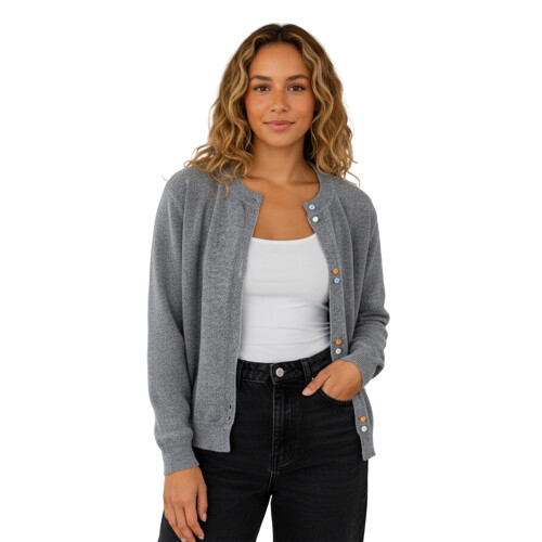 (XXXXXL, Greyish White) Γυναικεία πλεκτή ζακέτα στρογγυλή λαιμόκοψη