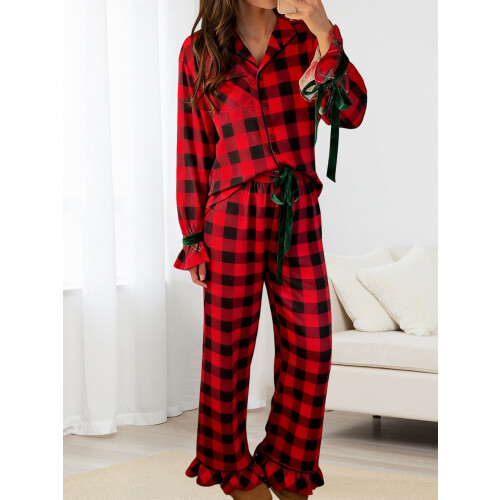 (L, Red Plaid) Σετ Χριστουγεννιάτικες πιτζάμες μακριά μανίκια. 2