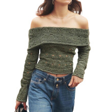 (M, Dark Green) Pull femme à épaules dénudées, ajusté, manches longues, en maille ajourée, idéal pour l'hiver et l'automne.