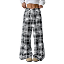 (L, Black) Damen-Freizeithose mit Karomuster, Kordelzug, hohem Bund, lockerem, weitem Bein – für alle Jahreszeiten