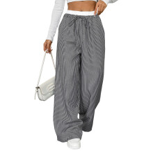 (L, Black) Damen-Freizeithose mit Streifenmuster, elastischem Bund, hohem Bund, lockerem, geradem Bein und Taschen