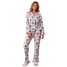 (XL, Green) Dámská vánoční pyžamová sada dlouhý rukáv, klopa, potisk Santa/motivu, košile a kalhoty na spaní
