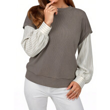 (M, Coffee) Women's Spring Autumn Loose Sweatshirt Round Neck Faux Layered Striped Sleeves Pullover
