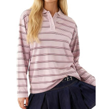 (XL, Pink) Dames T-shirt met lange mouwen, gestreept/gestippeld patroon, omgeslagen kraag, losvallende top, streetwear