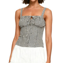 (XL, Black) Camisola mujer sin mangas, cuello cuadrado, espalda descubierta, con hebillas, a cuadros, chaleco verano para fiesta.