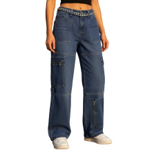 (XL, Blue) Pantalon cargo en denim pour femme, style jogging ample, multiple poches, idéal pour un look streetwear.