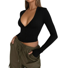(M, Black) T-shirts longs pour femmes, automne, couleur unie, col V, coupe ajustée, style streetwear