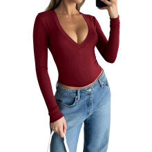 (XXL, Burgundy) T-shirts longs pour femmes, automne, couleur unie, col V, coupe ajustée, style streetwear