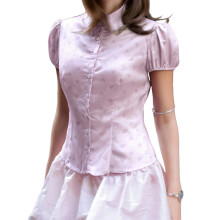 (M, Pink) Chemisier d'été femme, manches bouffantes, imprimé cœur, col à revers, joli style.
