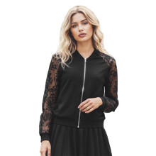(S, Black) Veste de baseball femme tendance, patchwork dentelle, manches longues, zip, style bomber, idéale hiver/automne.