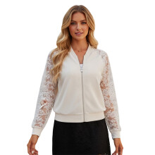 (L, Beige) Veste de baseball femme tendance, patchwork dentelle, manches longues, zip, style bomber, idéale hiver/automne.