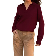 (M, Burgundy) Pulls en maille ample pour femmes, manches longues, col rabattu, coloris unis