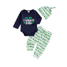 (12-18 Months, Blue) Conjunto de ropa para bebé niño: pelele de manga larga, pantalón largo y gorro con estampado de tréboles (3 piezas).
