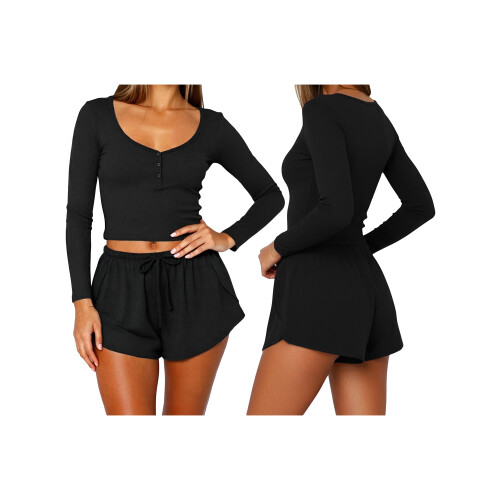(S, Black) Γυναικείο σετ πιτζάμας, μονόχρωμο, σορτς 1