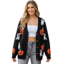(L, Black) Gilet cardigan en maille pour femme, motif fantôme et citrouille, bordure côtelée, col en V, manches longues