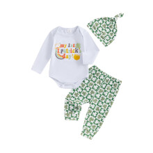(6-12 Months, White) Conjunto de ropa para bebé niño: pelele de manga larga, pantalón largo y gorro con estampado de tréboles (3 piezas).