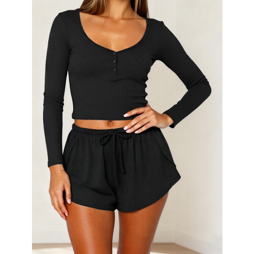 (L, Black) Γυναικείο σετ πιτζάμας, μονόχρωμο, σορτς 2