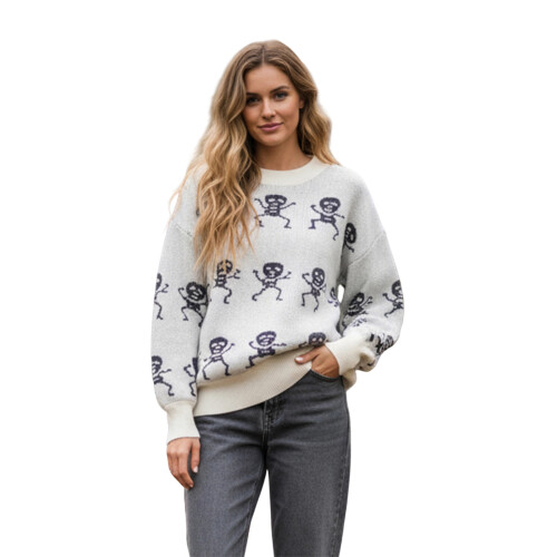 (M, White) Γυναικείο Πουλόβερ Skeleton, Στρογγυλή Λαιμόκοψη