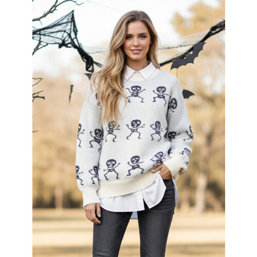 (L, White) Γυναικείο Πουλόβερ Skeleton, Στρογγυλή Λαιμόκοψη 2