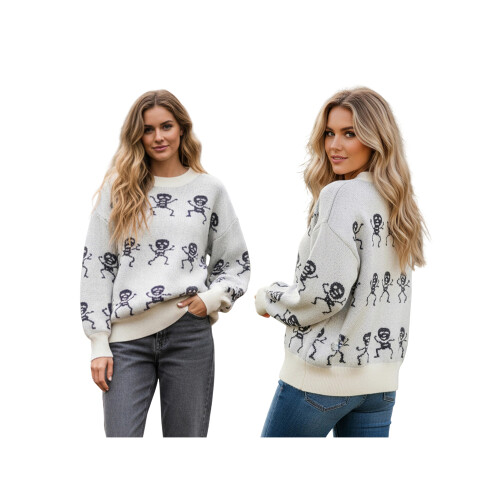 (L, White) Γυναικείο Πουλόβερ Skeleton, Στρογγυλή Λαιμόκοψη 1