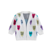 (4-5 Years, White) Baby Girls Cardigan Sweater Valentine Outfits Heart Letter Print Warm Knitted Long Sleeves Infant Knitwear for Toddler