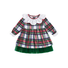 (3-4 Years, Green) Kislány őszi ruha kockás mintás hosszú ujjú babagallér tüll patchwork A-vonalú ruha