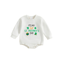 (12-18 Months, White) Tutina da neonato per festival irlandese con stampa di lettere e trifogli, maniche lunghe, scollo rotondo, tuta a bolle