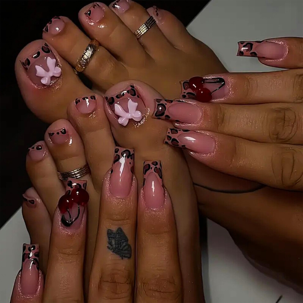 Pink 48Pcs Leopard Press On Nails And Toenails Set, French Tip Fake Nails With 3D Bow, Reusable Kit