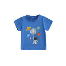 (12-18 Months, Blue) Maglietta estiva casual per neonati, maniche corte, girocollo, con stampa di pianeti e astronauti, vestibilità ampia.