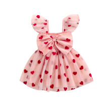 (12-18 Months, Pink) Kislány tüllruha, szív alakú, 3D-s masnival, lenge ujjú, A-vonalú tavaszi Valentin-napi ruhák