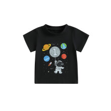 (6-12 Months, Black) Maglietta estiva casual per neonati, maniche corte, girocollo, con stampa di pianeti e astronauti, vestibilità ampia.
