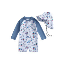 (3-4 Years, Blue) Badeanzug mit Rashguard und Mütze für Kleinkinder, 2-teilig, Vogelmotiv, Reißverschluss, lange Ärmel