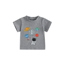(12-18M, GRAY) Maglietta estiva casual per neonati, maniche corte, girocollo, con stampa di pianeti e astronauti, vestibilità ampia.