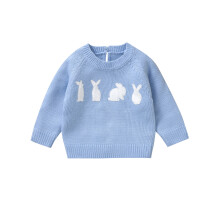 (6-9 Months, Blue) Maglione invernale per bambina con scollo rotondo e coniglietto, caldo e ideale per l'inverno e Pasqua.