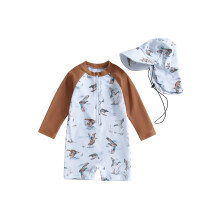 (3-4 Years, Khaki) Badeanzug mit Rashguard und Mütze für Kleinkinder, 2-teilig, Vogelmotiv, Reißverschluss, lange Ärmel