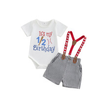 (6-12 Months, White) Conjunto de aniversário beisebol para bebê menino: body manga longa e shorts listrados com suspensórios (2 peças).