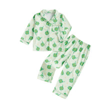 (3-4 Years, Green) Kinder-Frühlingspyjama-Set, Kleeblattmuster, Knopfleiste, V-Ausschnitt, lange Ärmel, 2-teilig, Loungewear