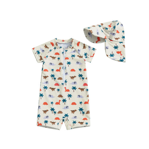 (0-3 Months, Khaki) Μαγιό Rash Guard print ζώων
