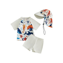 (12-18 Months, Khaki) Conjunto de baño para bebé niño, verano, lindo, estampado, manga corta, bañador y gorro. Ropa de playa.