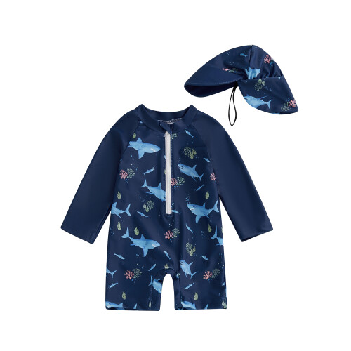 (6-12 Months, Blue) Μαγιό Rash Guard καπέλο ηλίου