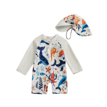 (18-24 Months, Khaki) Conjunto infantil masculino: maiô de manga longa com estampa de tubarão, meio zíper, proteção solar e chapéu.