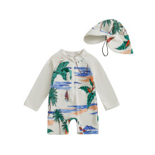 (2-3 Years, White) Conjunto infantil masculino: maiô de manga longa com estampa de tubarão, meio zíper, proteção solar e chapéu.