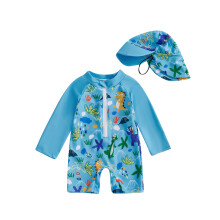(2-3 Years, Sky Blue) Rashguard-Badeanzug für Kleinkinder, Jungen, langärmelig mit Haifisch-Print, 2-teiliges Set mit Sonnenhut