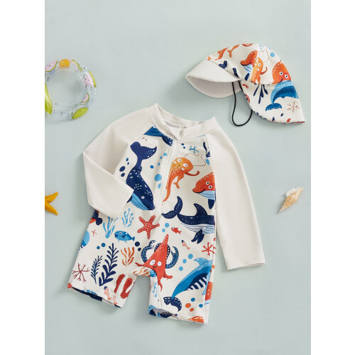 (3-4 Years, Khaki) Μαγιό Rash Guard καπέλο ηλίου 2